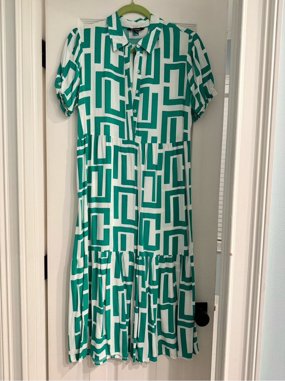 Green and White Geometric Midi Shirt Dress - Women's Button-Front